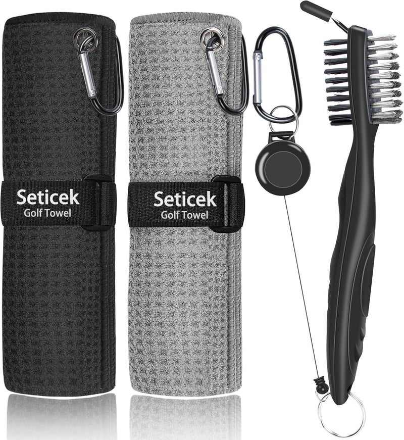 Seticek 2 Pack Golf Towel (16" X 16") with Club Brush, Microfiber Waffle Pattern Golf Towels for Golf Bags for Men,Essential Golf Combo Cleaning Kit (Black+Gray) - Image 1